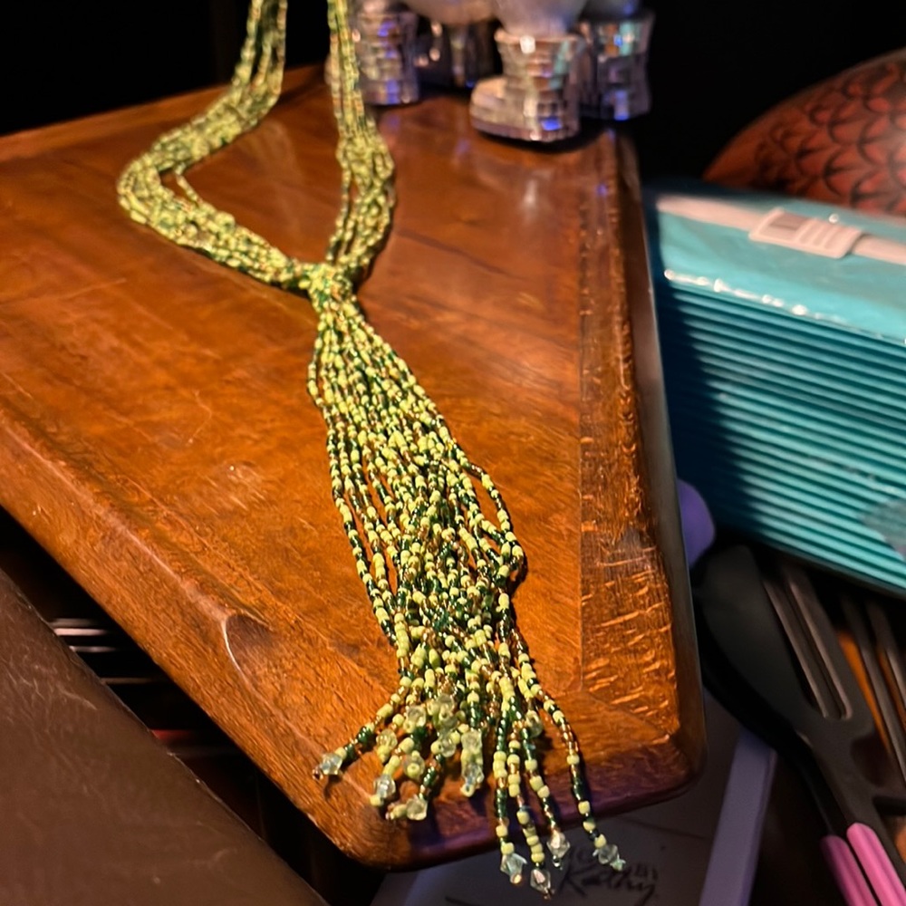 Long Beaded Green & Gold Necklace